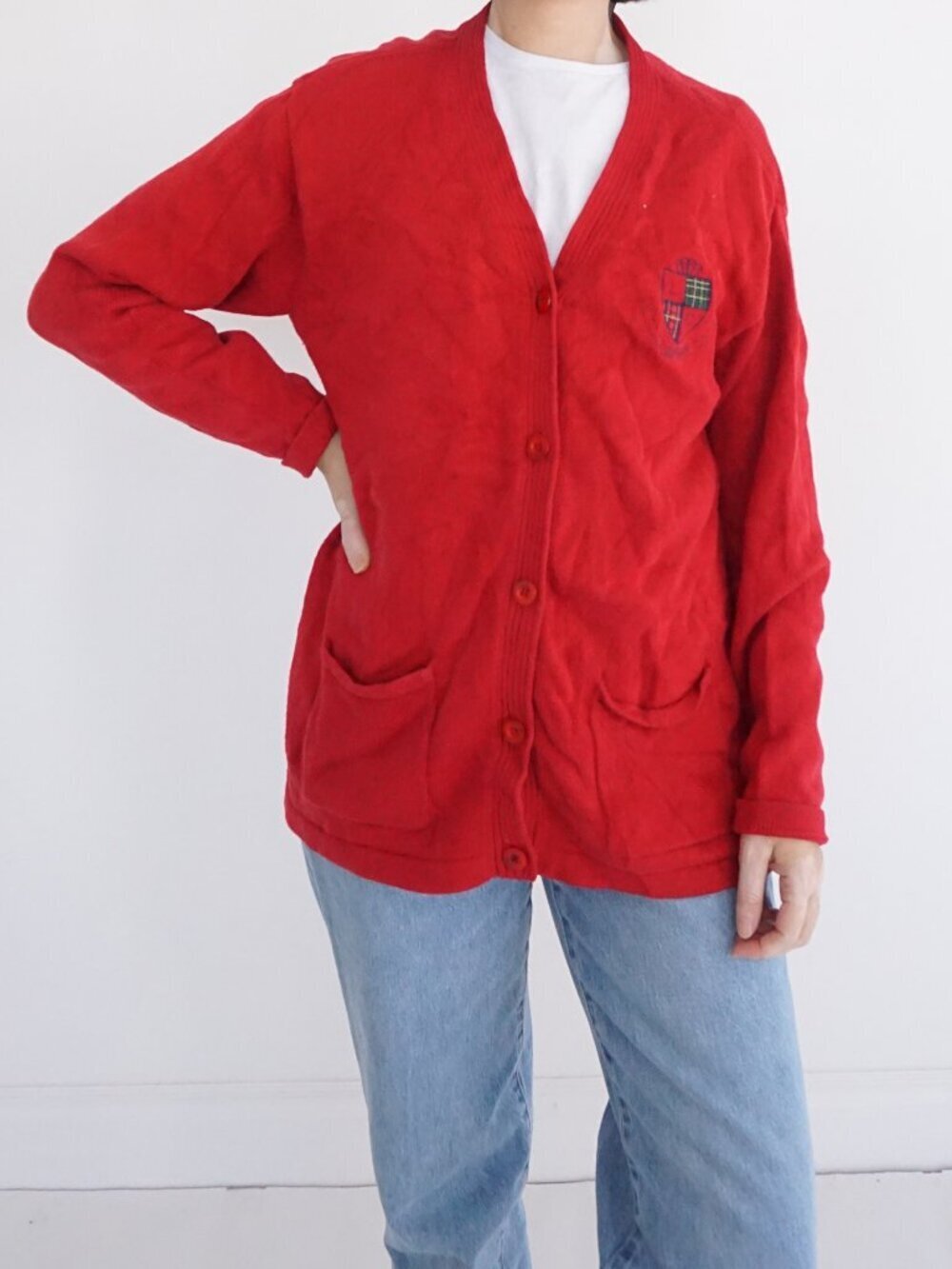 Vintage Liz Claiborne Liz Sport Red Crest Embroidered Button Cardigan Sweater M